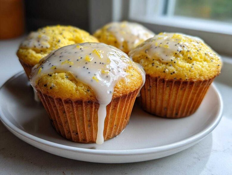 Four bright yellow Glazed Lemon Poppy Seed Muffins topped with a thick white glaze and lemon zest.