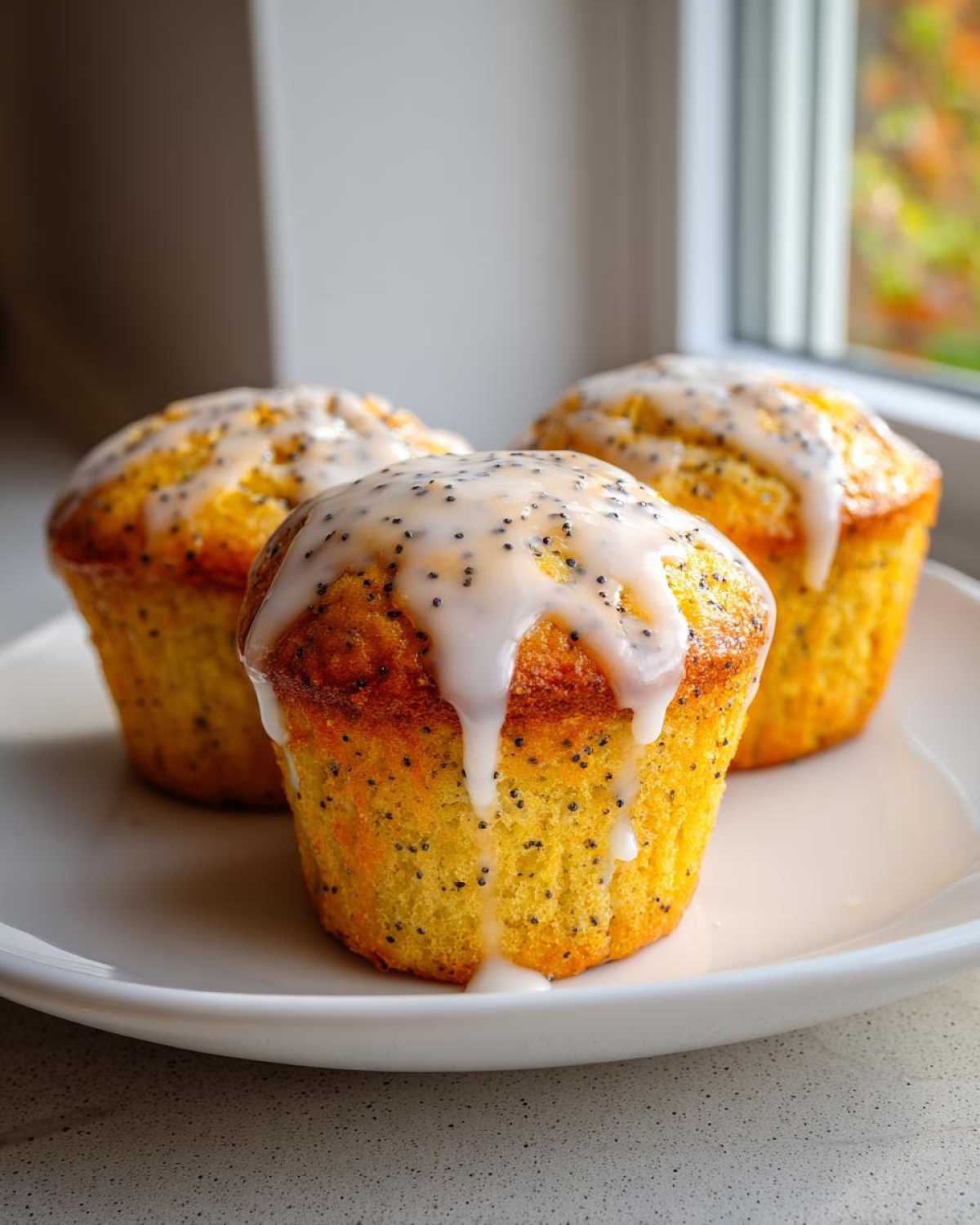 Three bright yellow Glazed Lemon Poppy Seed Muffins topped with thick white icing and visible poppy seeds, sitting on a white plate.