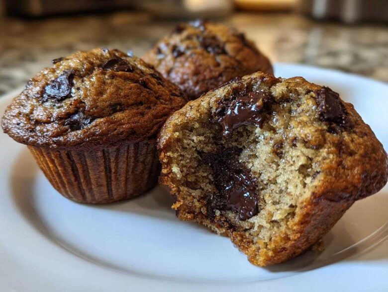 Close-up of three Gluten-Free Banana Chocolate Chip Muffins, one broken open showing melted chocolate chips inside.