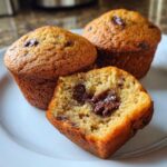 Close-up of Gluten-Free Banana Chocolate Chip Muffins, one cut open revealing a gooey melted chocolate center.