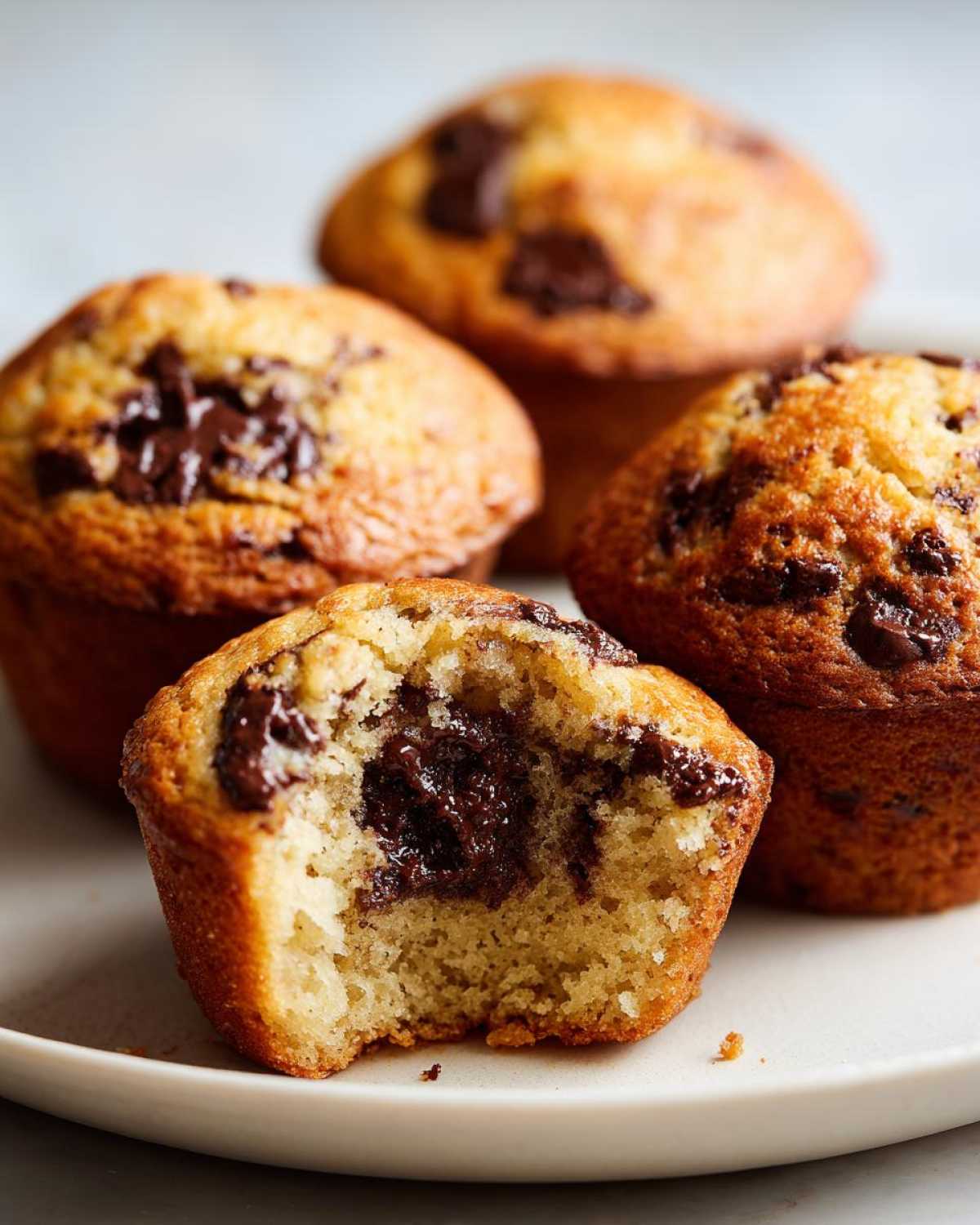 A close-up of several moist Gluten-Free Banana Chocolate Chip Muffins, one broken open to show melted chocolate chips inside.