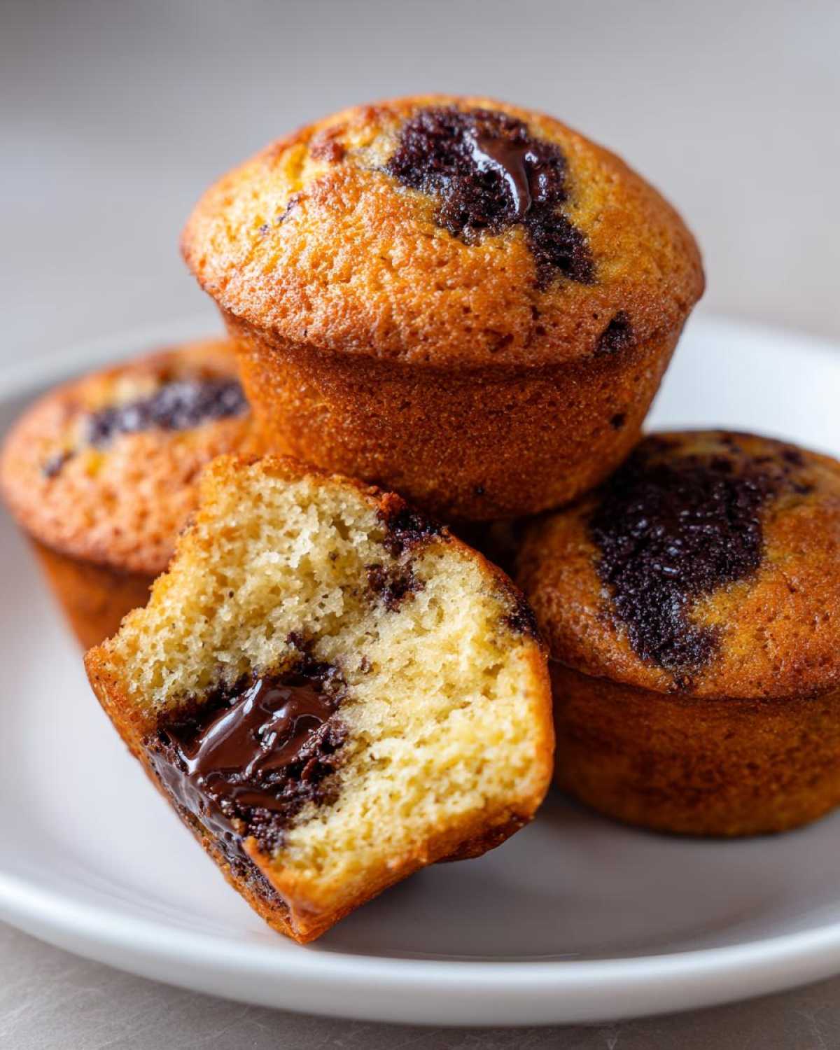 Close-up of Gluten-Free Banana Chocolate Chip Muffins, one broken open revealing melted chocolate center.