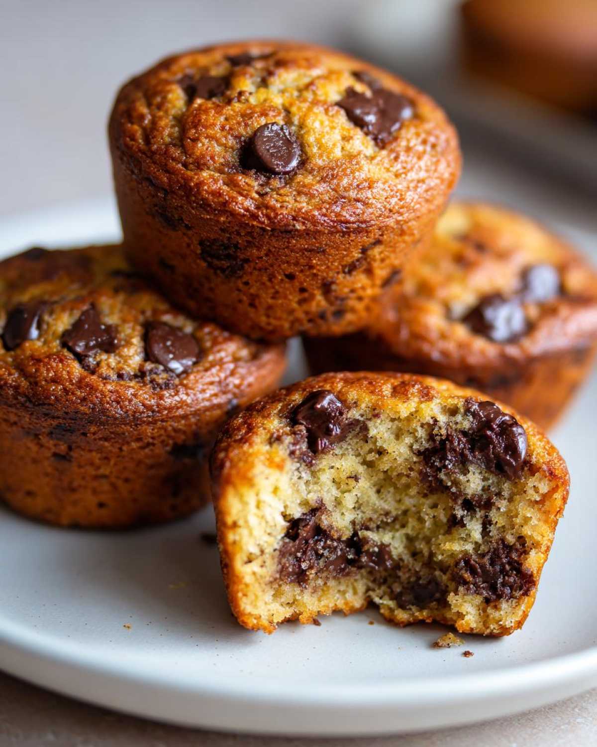 Close-up of stacked Gluten-Free Banana Chocolate Chip Muffins, one broken open showing melted chocolate chips inside.