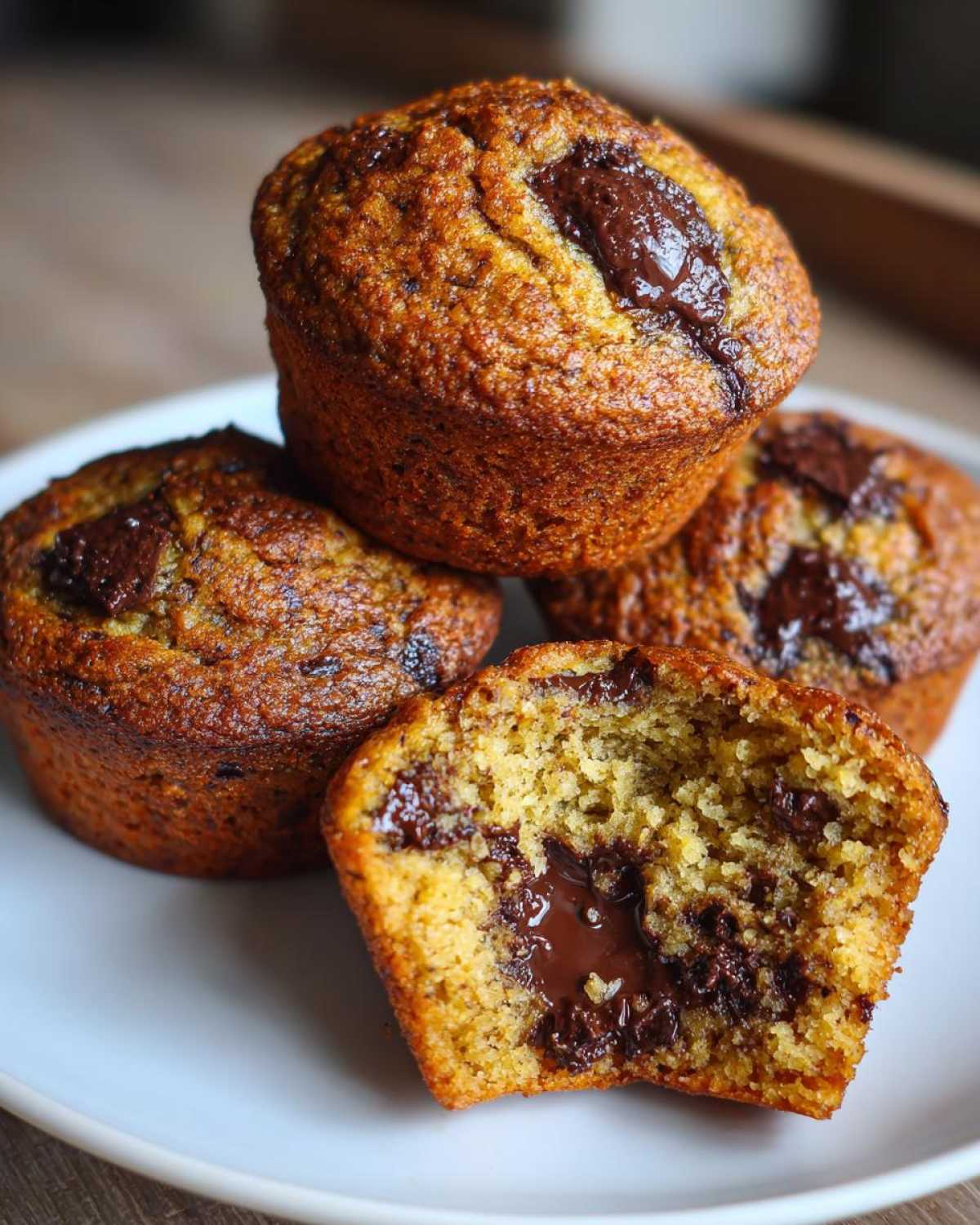 A stack of moist Gluten-Free Banana Chocolate Chip Muffins, one cut open revealing melted chocolate chips inside.