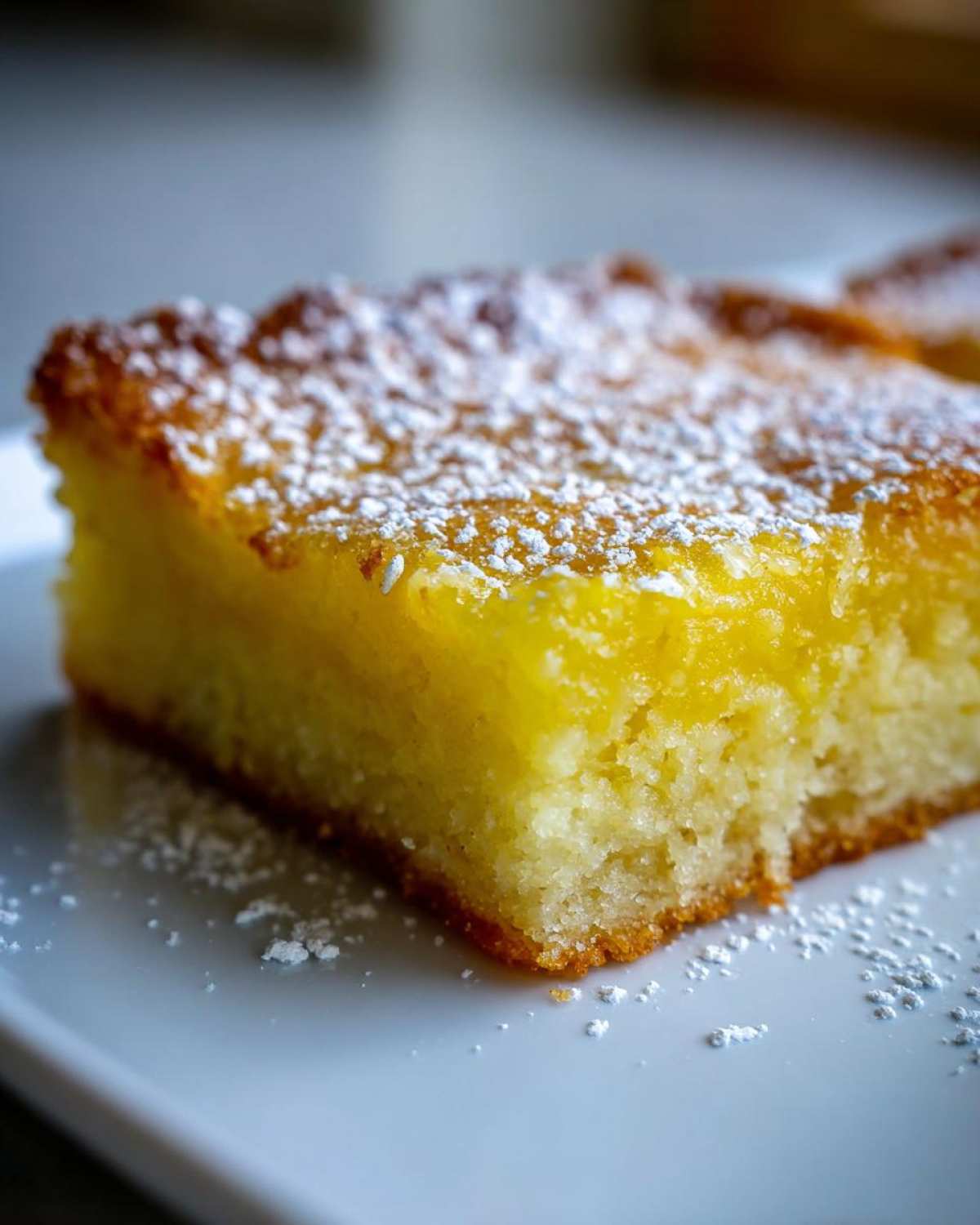 A close-up, macro shot of a square serving of bright yellow Gluten-Free Lemon Bars dusted with powdered sugar on a white plate.