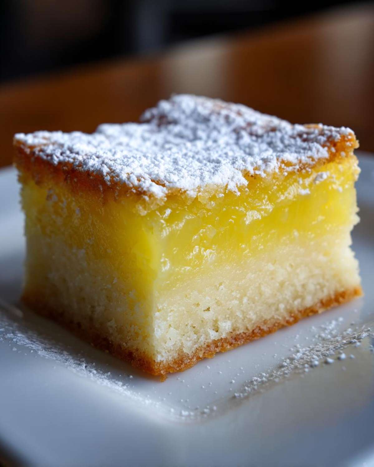 A close-up of a single square of bright yellow Gluten-Free Lemon Bars with a shortbread crust, dusted with powdered sugar.