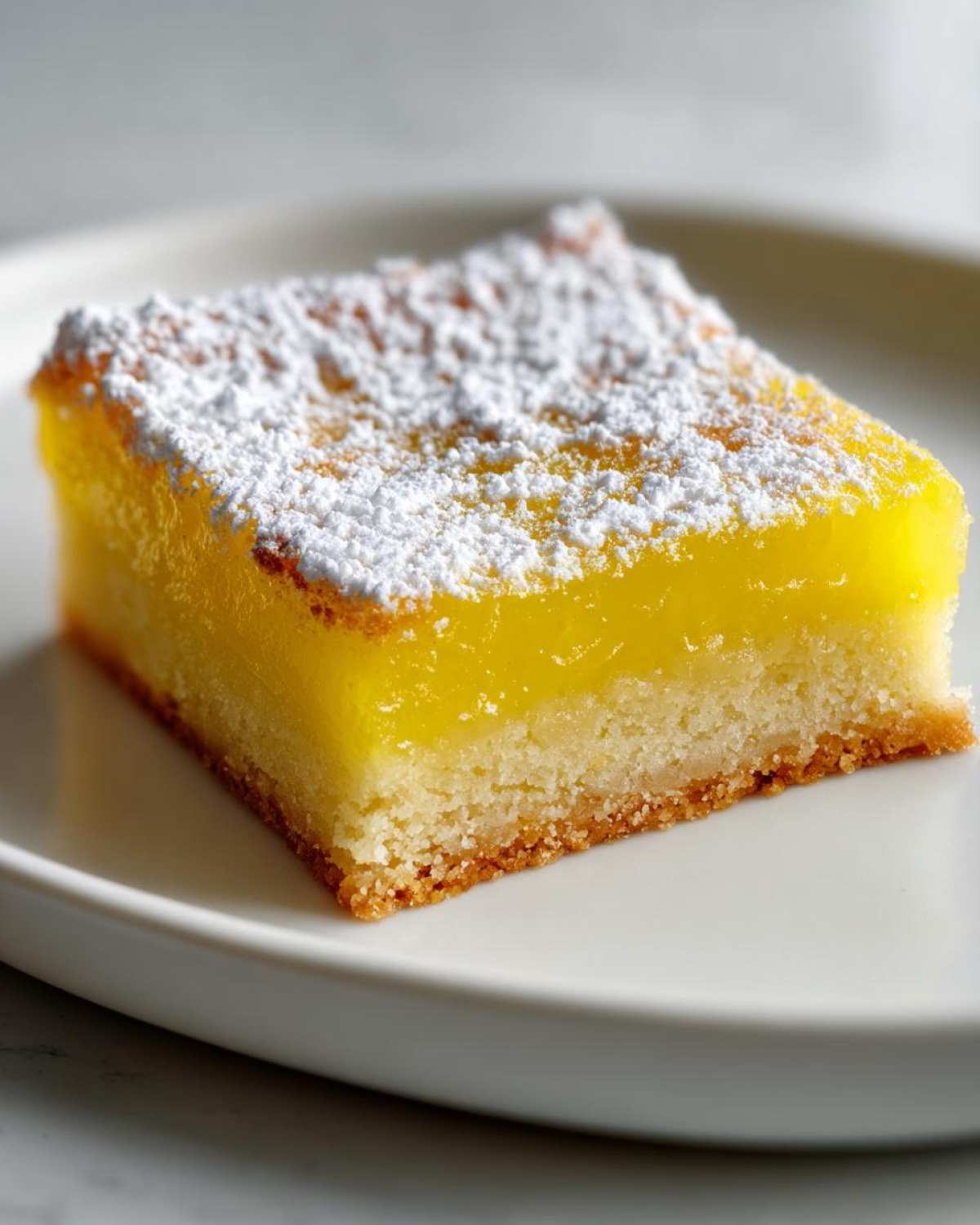 A single square slice of bright yellow Gluten-Free Lemon Bars with a shortbread crust, dusted with powdered sugar.