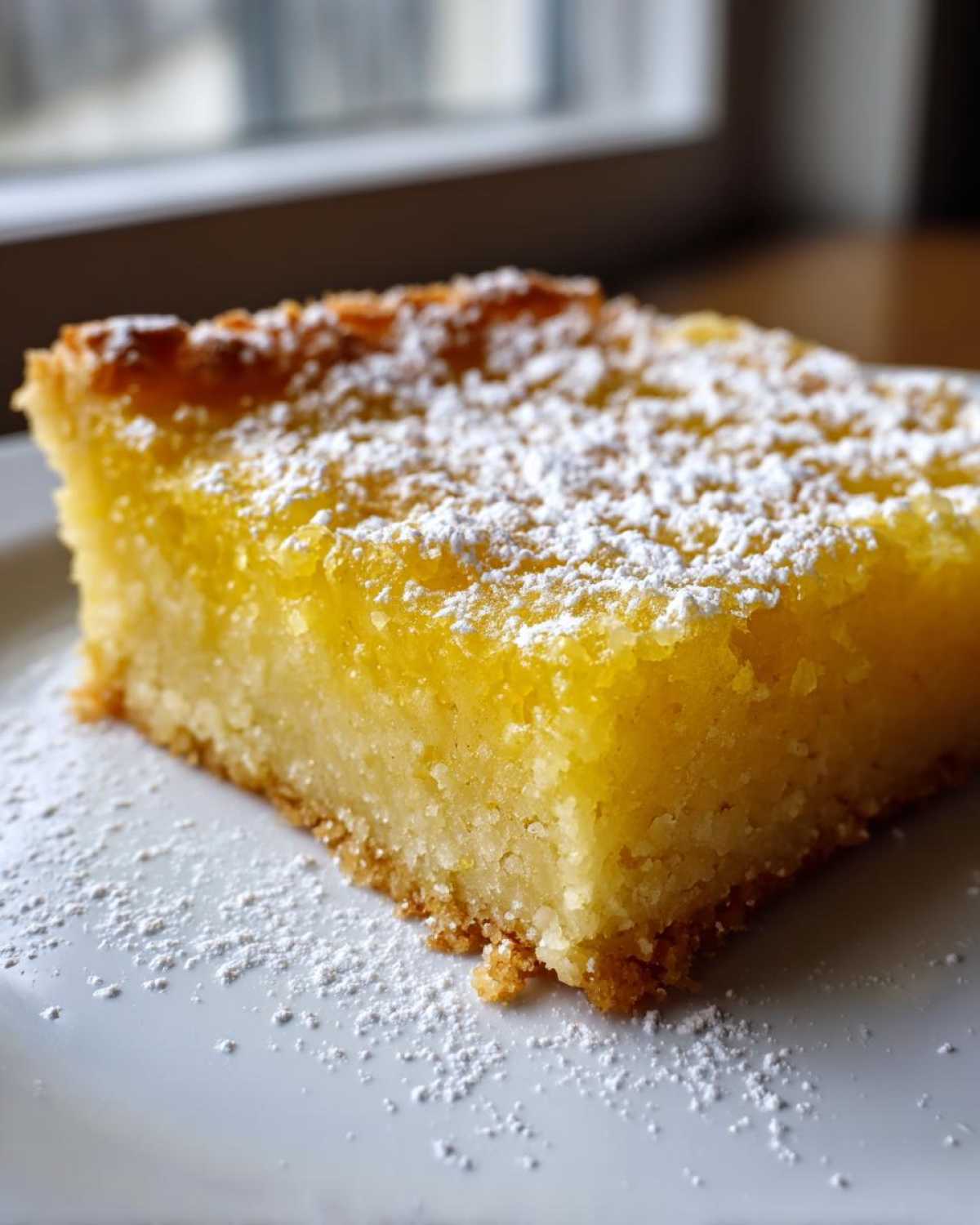 Close-up of a single serving of bright yellow Gluten-Free Lemon Bars with a shortbread crust, dusted with powdered sugar.