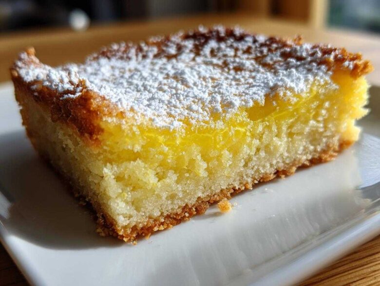 A close-up of a single serving of Gluten-Free Lemon Bars, showing the bright yellow filling and shortbread crust, dusted with powdered sugar.