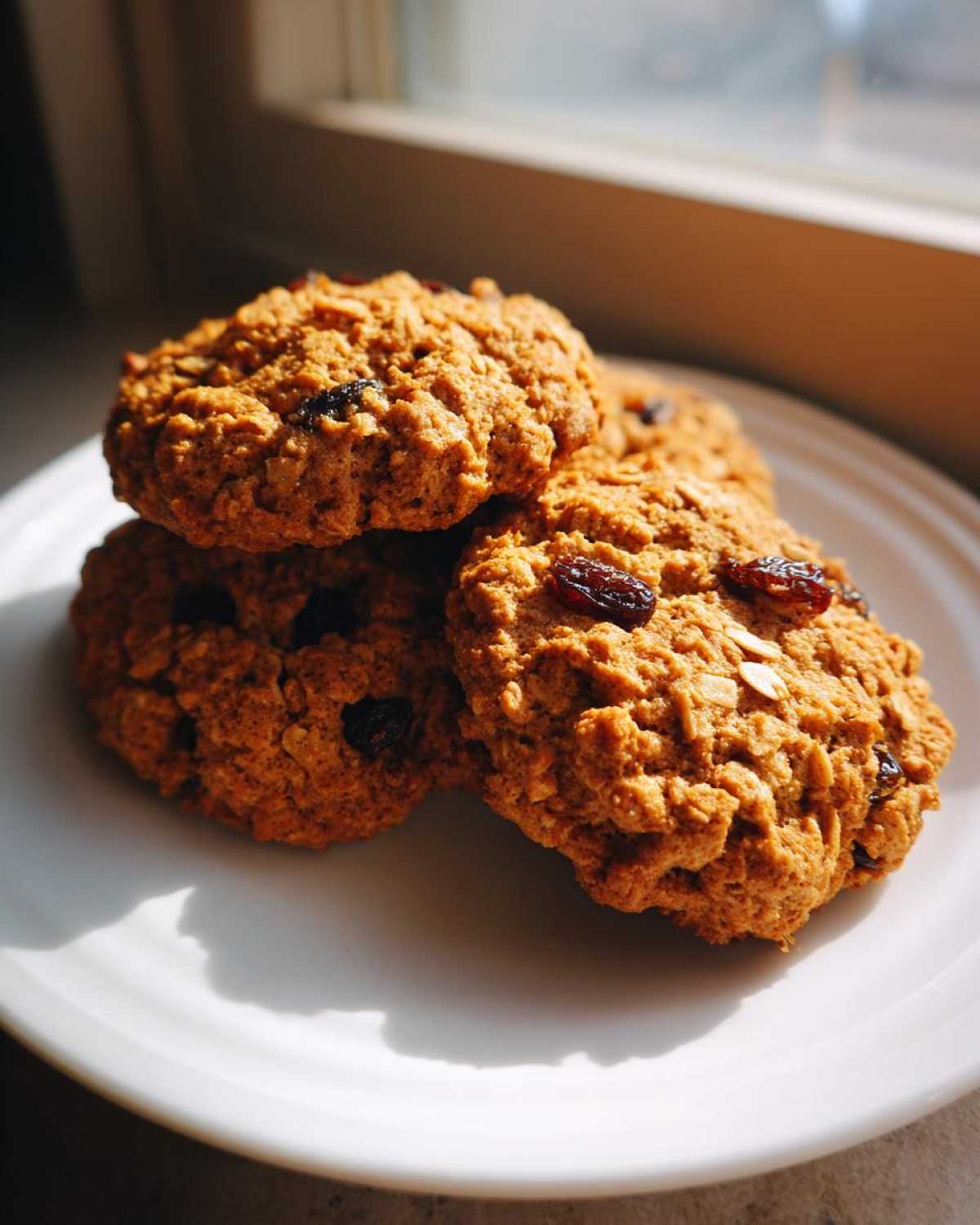 A stack of four freshly baked Gluten-Free Oatmeal Raisin Cookies resting on a white plate near a window.