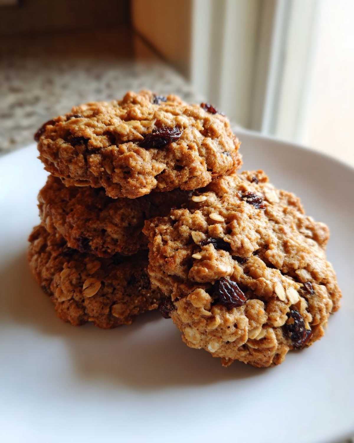 A close-up stack of four chewy Gluten-Free Oatmeal Raisin Cookies resting on a white plate.