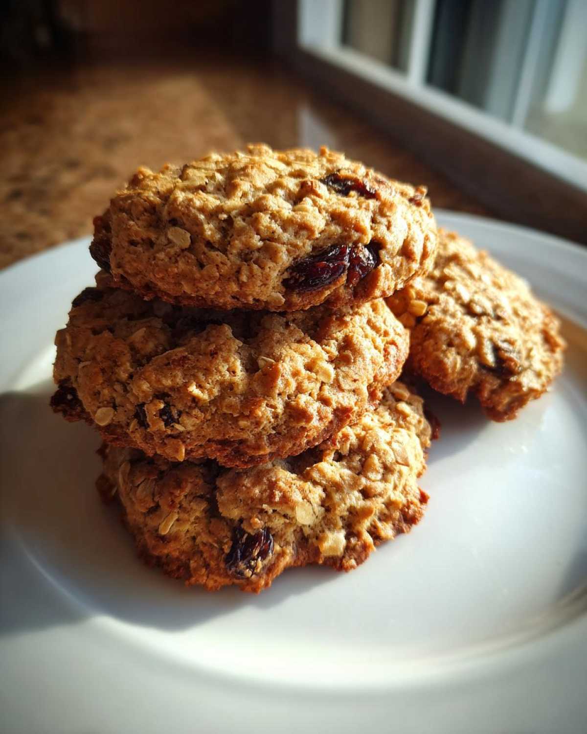 A stack of four freshly baked Gluten-Free Oatmeal Raisin Cookies resting on a white plate, illuminated by sunlight.