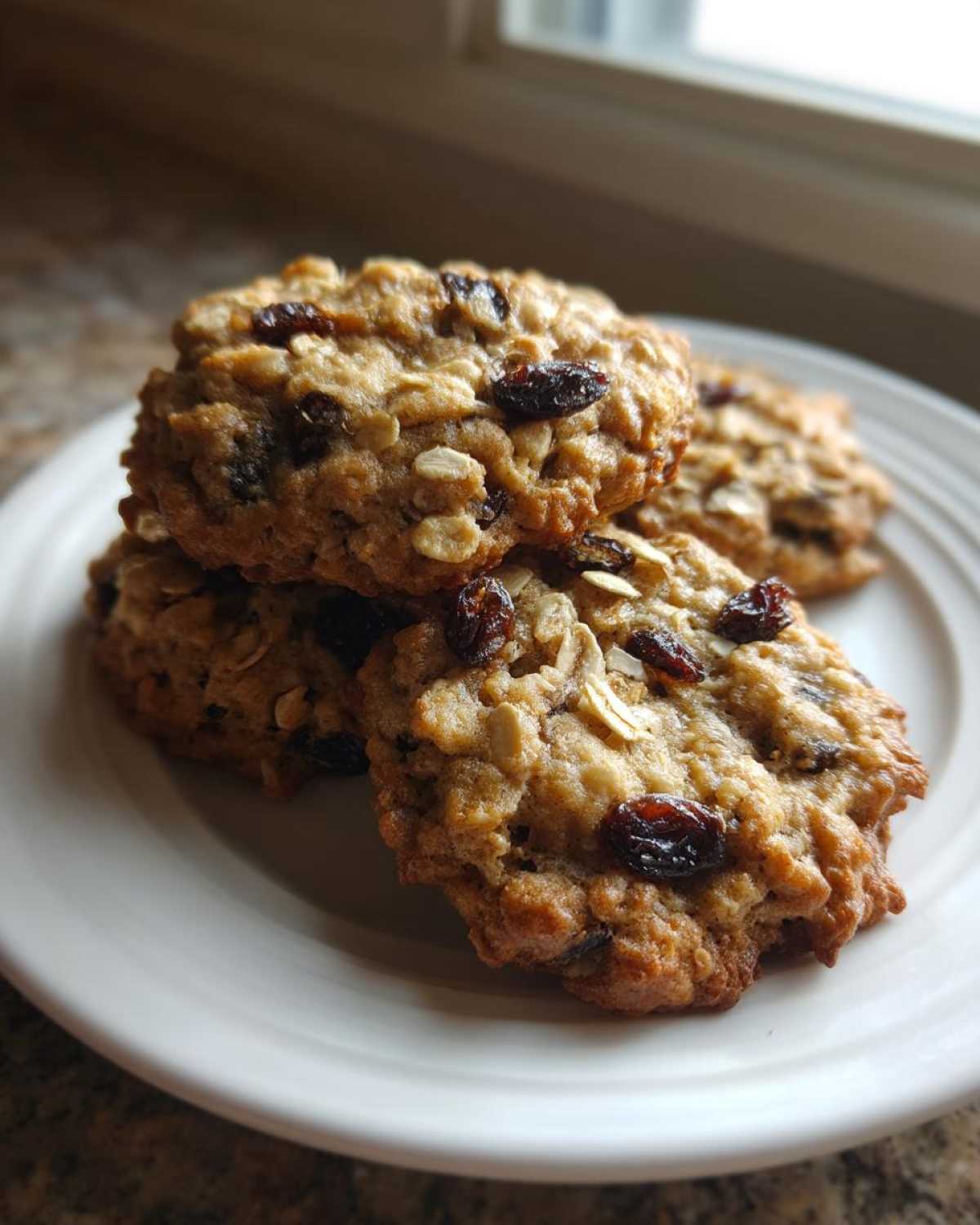 A stack of three chewy Gluten-Free Oatmeal Raisin Cookies loaded with oats and dark raisins on a white plate.