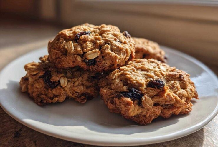A stack of four golden-brown Gluten-Free Oatmeal Raisin Cookies, studded with visible oats and dark raisins, resting on a white plate.