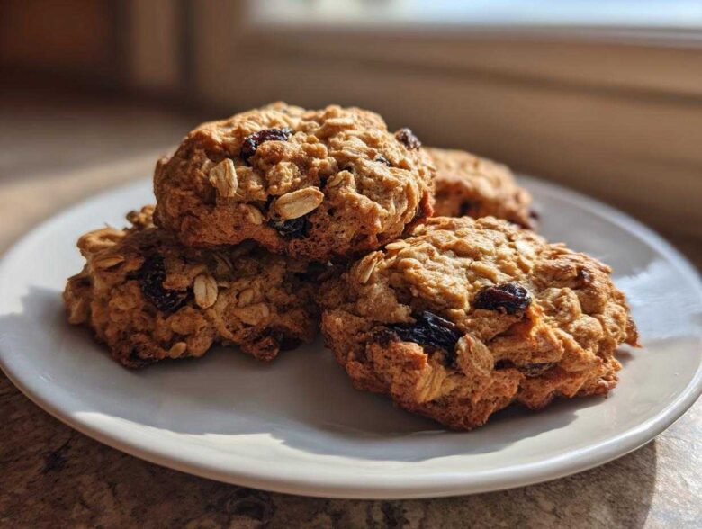 A stack of four golden-brown Gluten-Free Oatmeal Raisin Cookies, studded with visible oats and dark raisins, resting on a white plate.