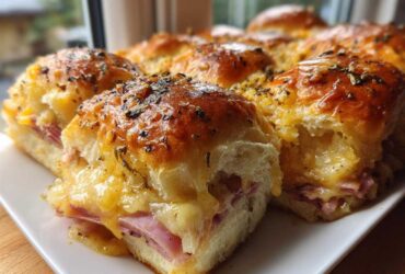 Close-up of baked Hawaiian Roll Ham and Cheese Sliders oozing melted cheese and topped with herbs.
