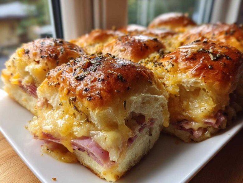 Close-up of baked Hawaiian Roll Ham and Cheese Sliders oozing melted cheese and topped with herbs.