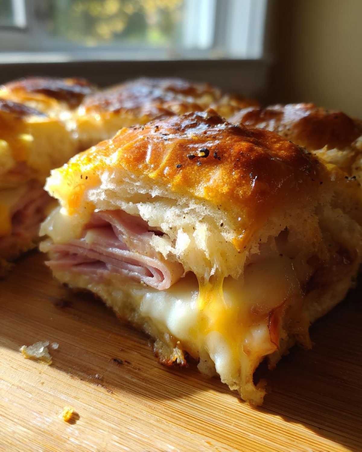 Close-up of a Hawaiian Roll Ham and Cheese Slider showing melted cheese and ham layers.
