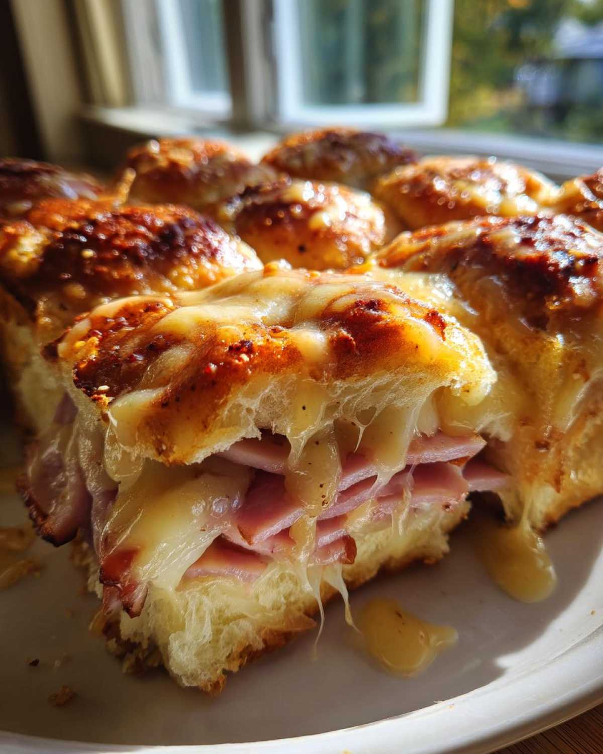 Close-up of gooey, melted cheese oozing from freshly baked Hawaiian Roll Ham and Cheese Sliders.