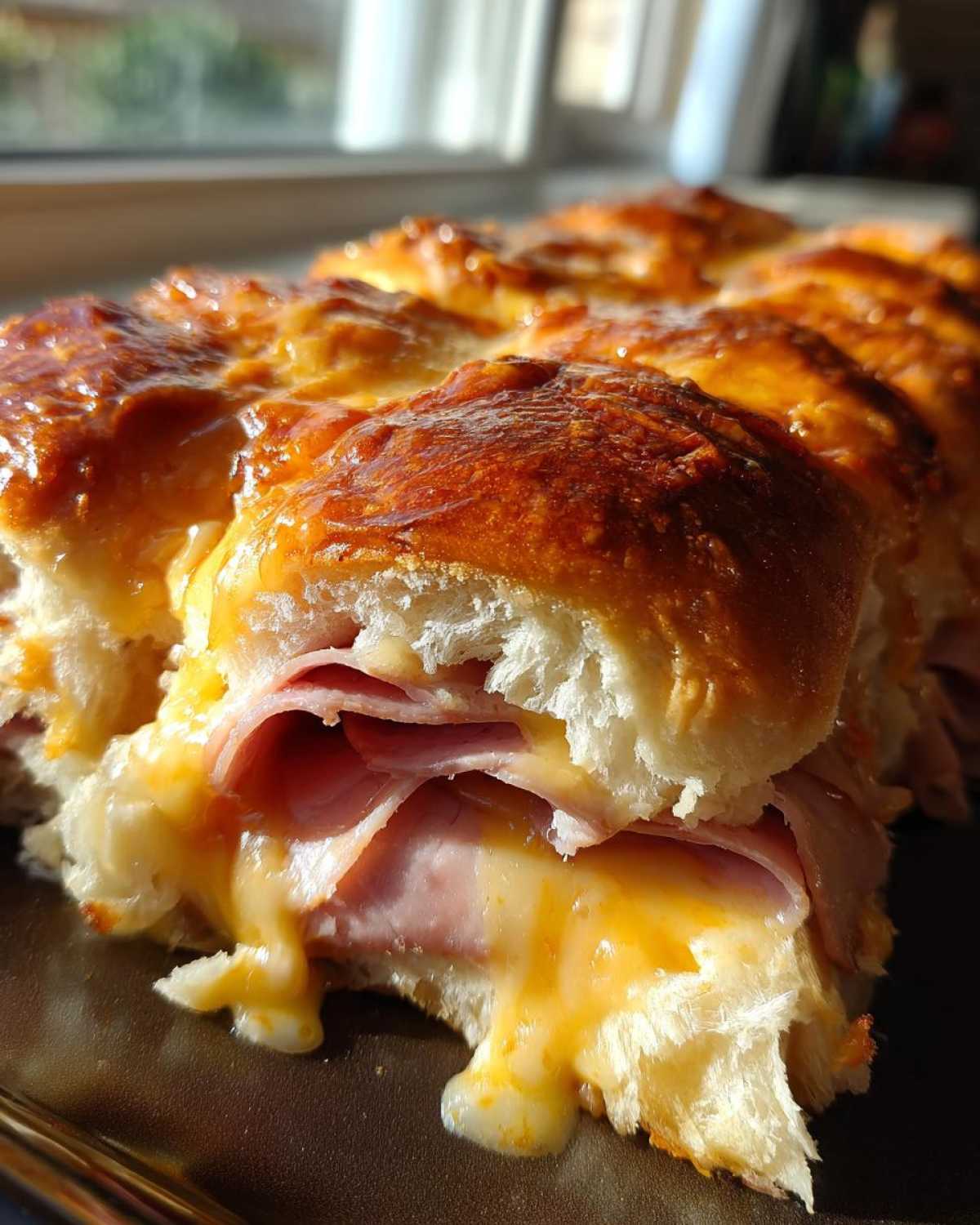 Close-up of gooey, melted cheese oozing out of Hawaiian Roll Ham and Cheese Sliders with a shiny, browned top.