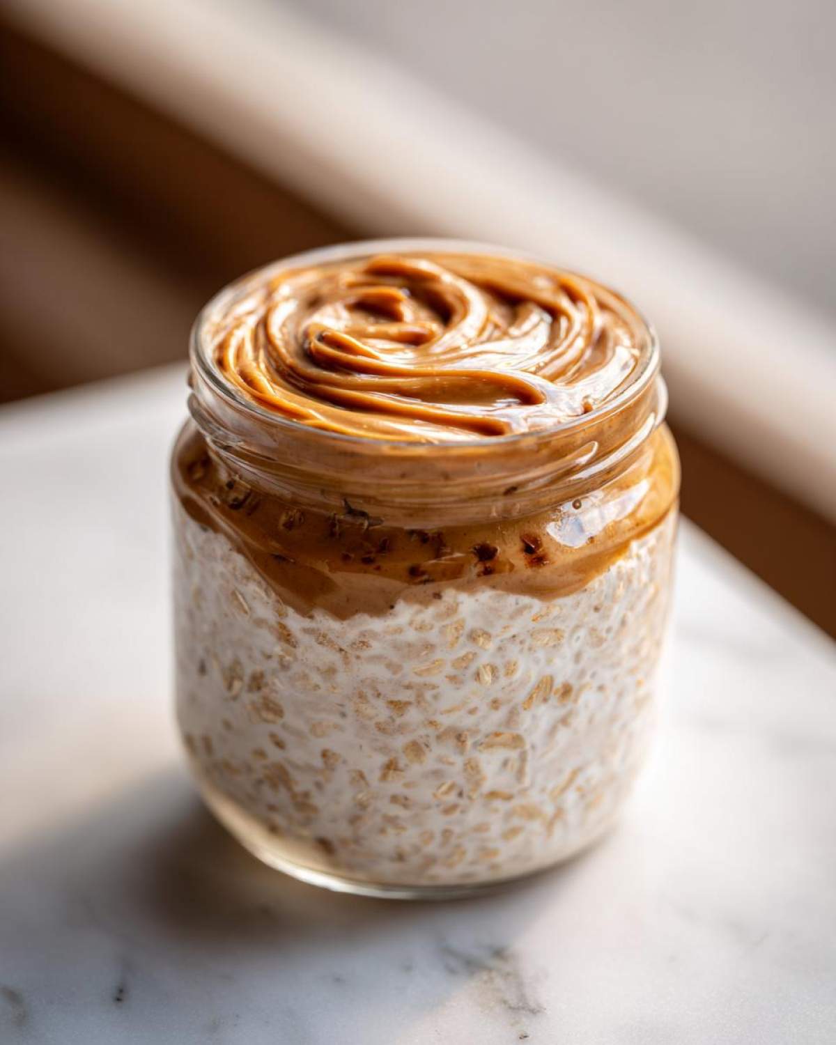 Close-up of High-Protein Peanut Butter Overnight Oats layered in a glass jar with a swirl of peanut butter on top.