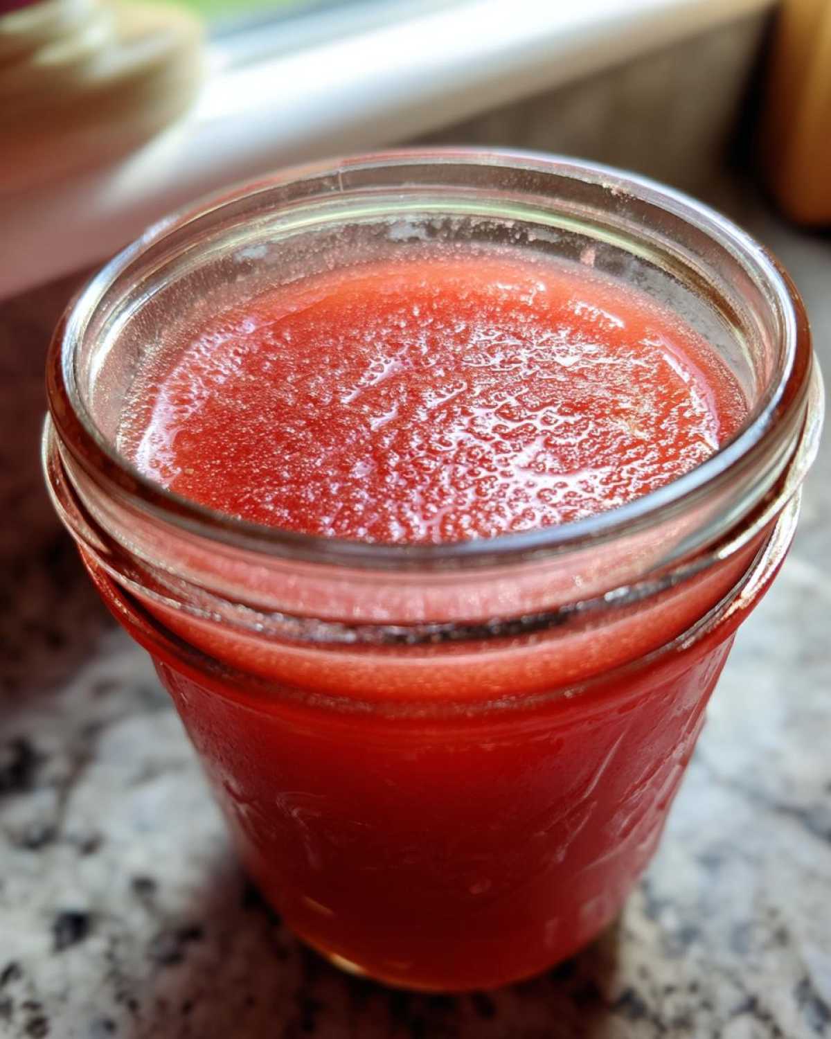 Close-up of bright red Homemade Strawberry Lemonade Concentrate filling a glass jar.