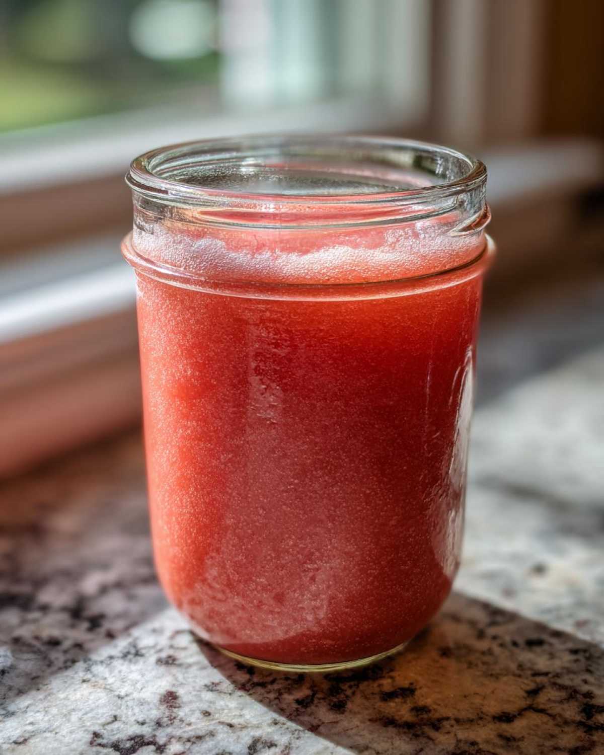 Close-up of a glass jar filled with bright red Homemade Strawberry Lemonade Concentrate sitting on a granite countertop.