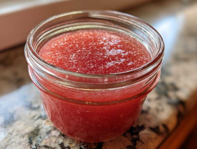 Close-up of bright red Homemade Strawberry Lemonade Concentrate stored in a small glass jar.