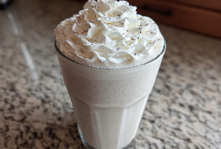 A tall glass of Homemade Vanilla Bean Frappuccino topped with whipped cream and vanilla bean specks.