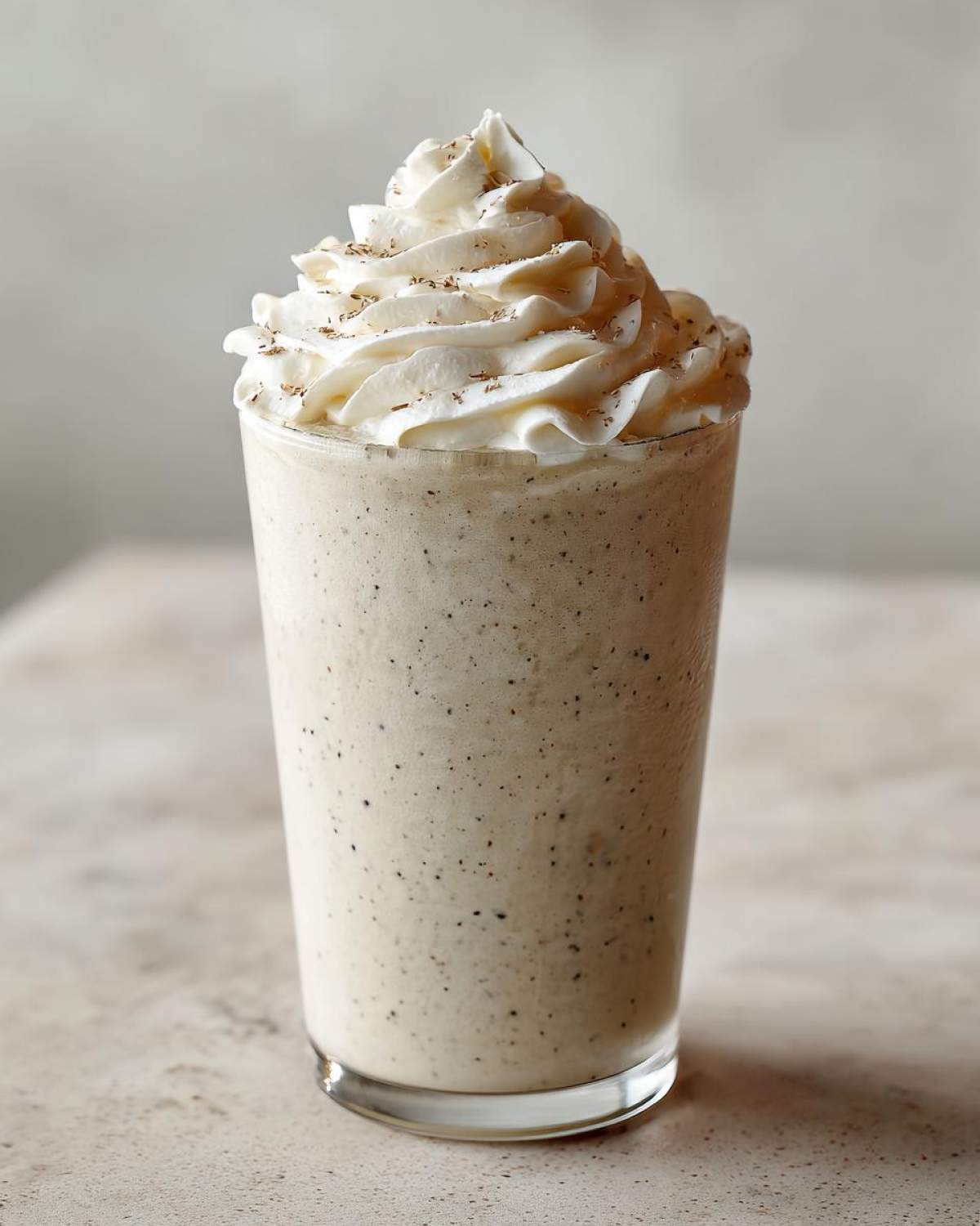 A tall glass of Homemade Vanilla Bean Frappuccino topped with a swirl of whipped cream and vanilla bean specks.