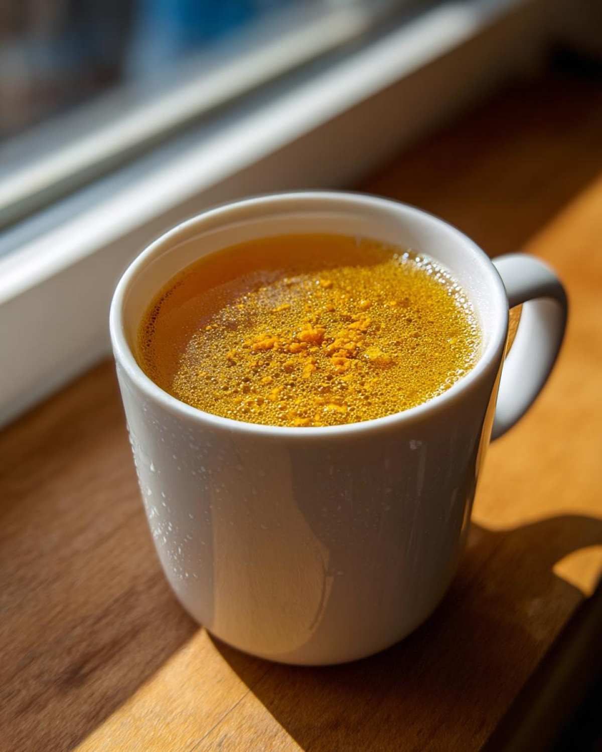 Close-up of a bright yellow Honey Lemon Ginger Tea with visible spice particles floating on top in a white mug.