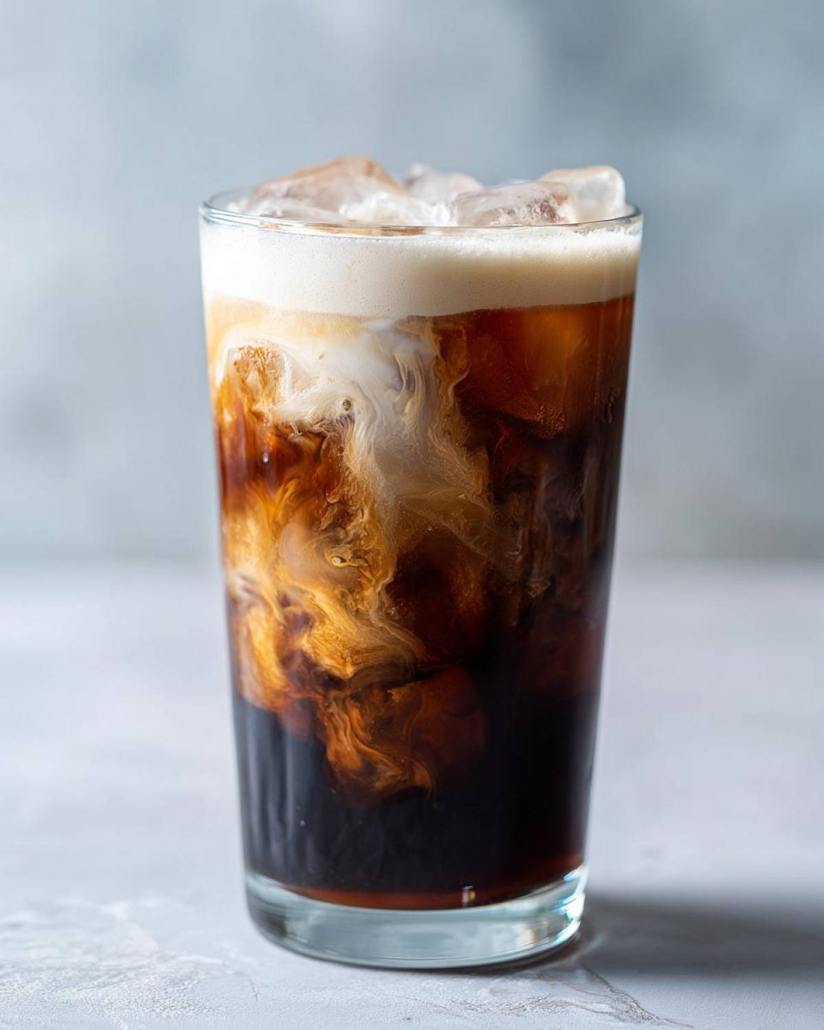 Close-up of a tall glass containing an Iced Honey Almond Milk Latte with ice cubes and creamy almond milk swirling into dark coffee.