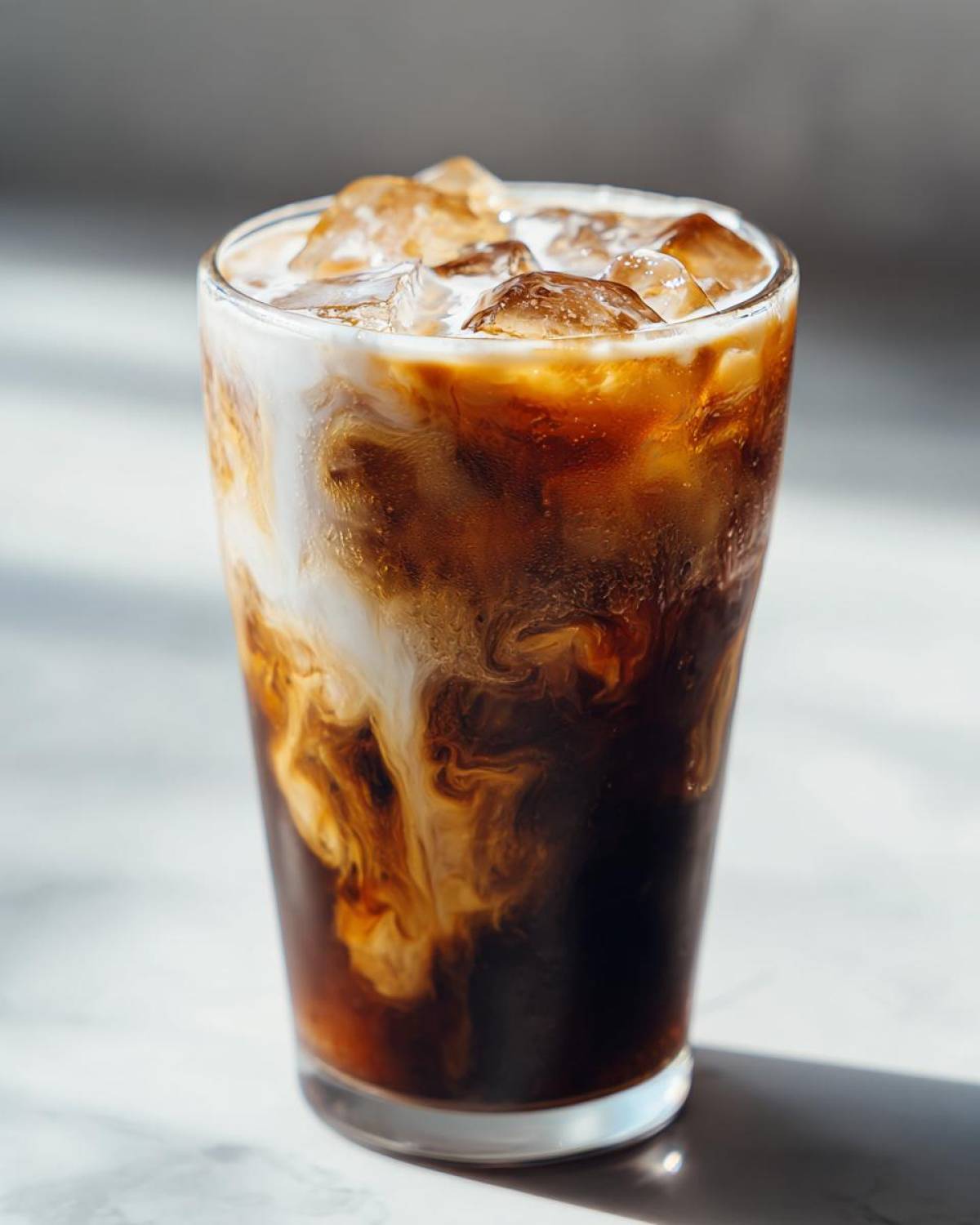 Close-up of an Iced Honey Almond Milk Latte showing rich swirls of coffee and almond milk mixing over ice.