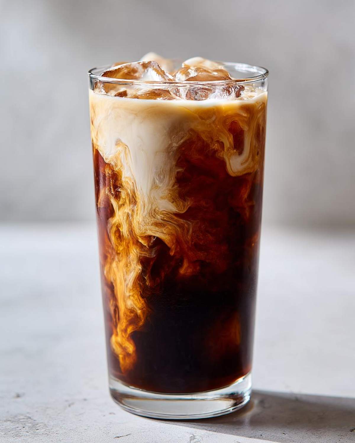 Close-up of an Iced Honey Almond Milk Latte with cream swirling dramatically into dark coffee over ice.