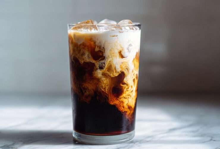 Close-up of an Iced Honey Almond Milk Latte showing the creamy almond milk swirling into the dark espresso.