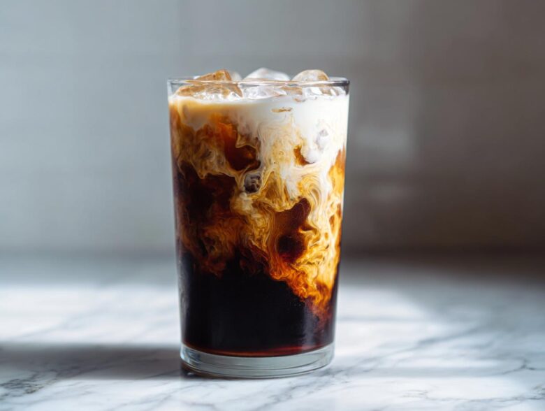 Close-up of an Iced Honey Almond Milk Latte showing the creamy almond milk swirling into the dark espresso.