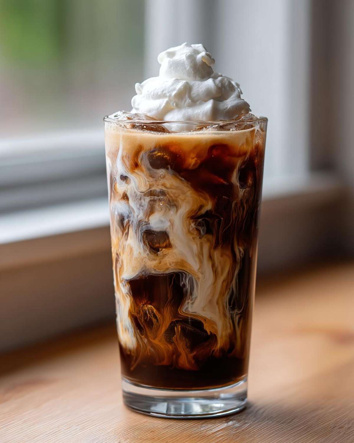 A tall glass of Iced Mocha showing rich swirls of cream mixing with dark coffee over ice, topped with whipped cream.