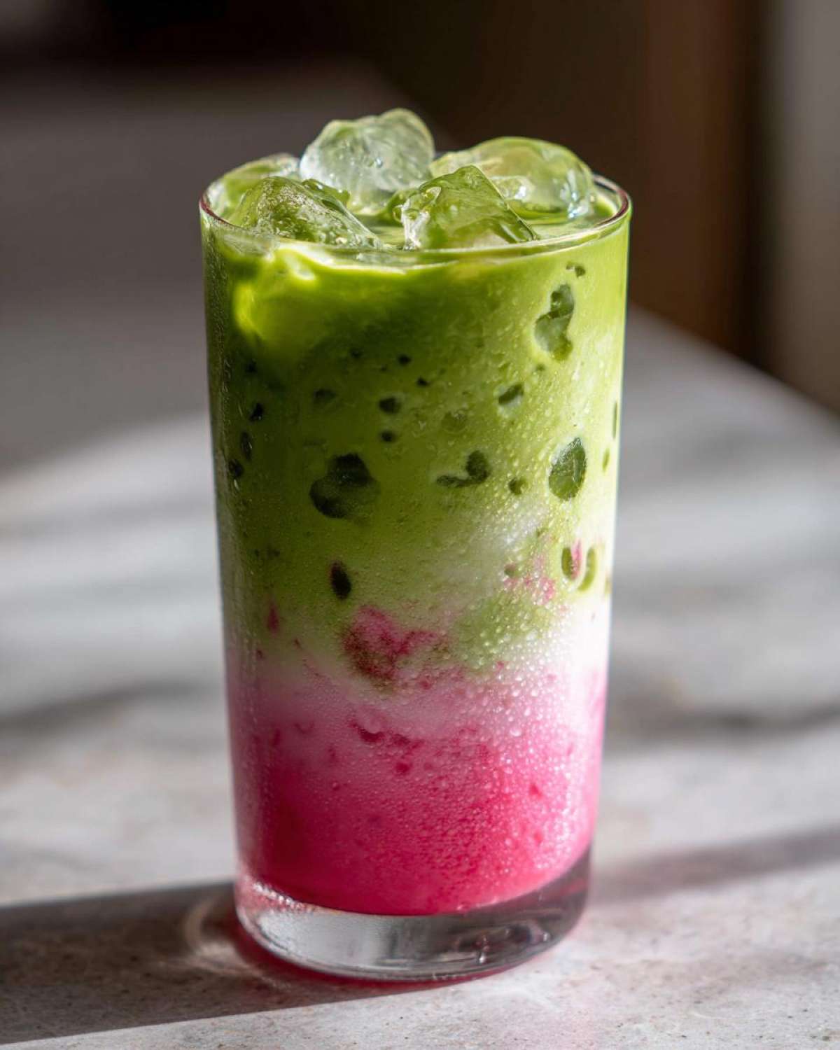 Close-up of a tall glass showing the layered Iced Strawberry Matcha Latte with bright pink strawberry base and green matcha top.