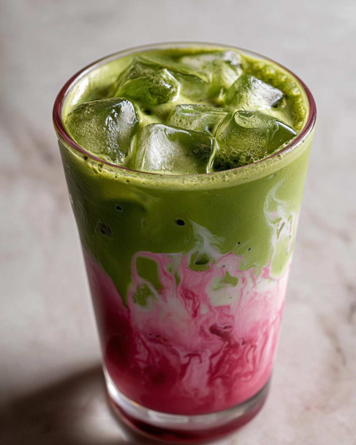 Close-up of a tall glass showing the layered Iced Strawberry Matcha Latte with bright pink strawberry syrup, white milk swirls, and green matcha on top with ice.