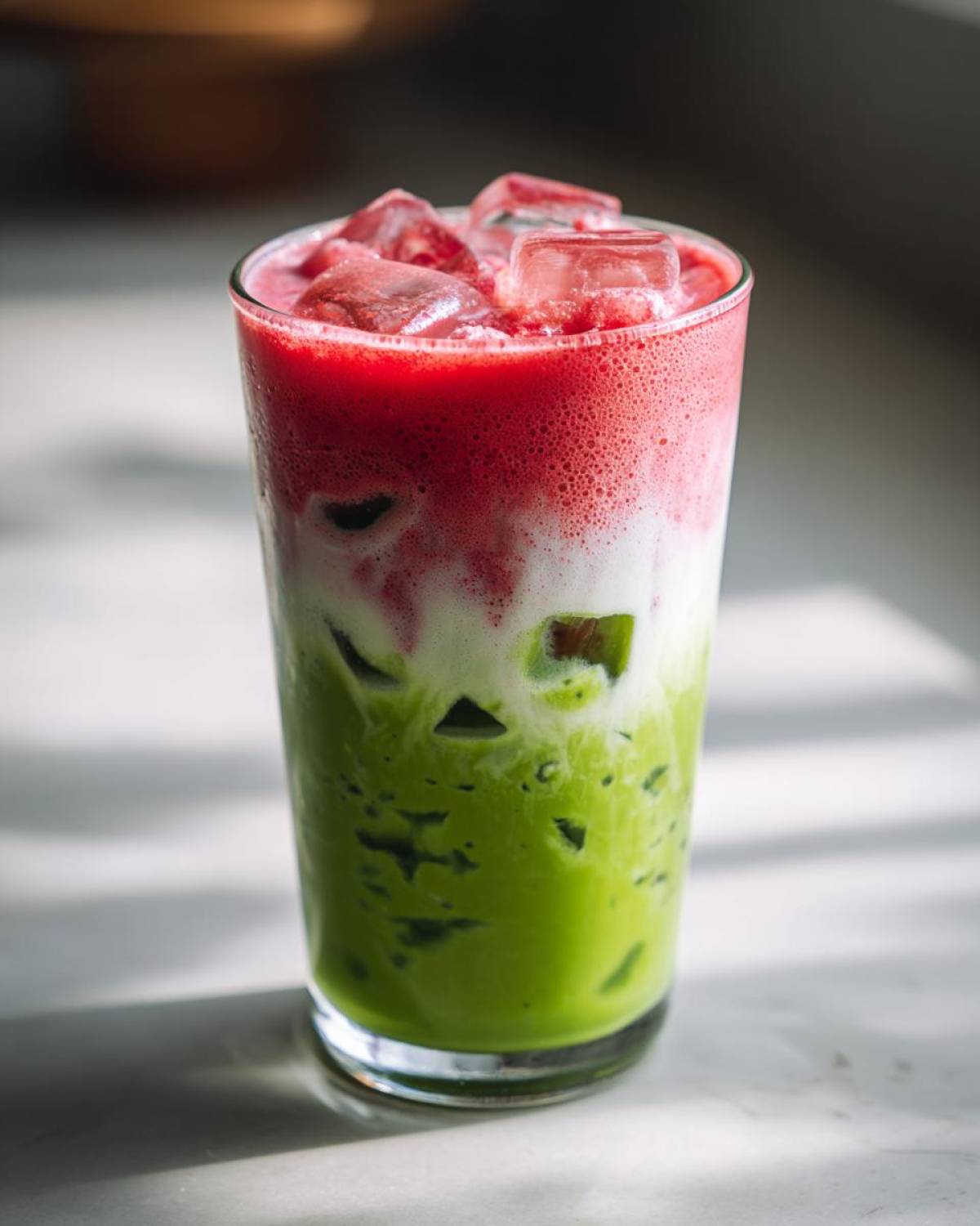 Close-up of a layered Iced Strawberry Matcha Latte with bright red, white, and green layers over ice.