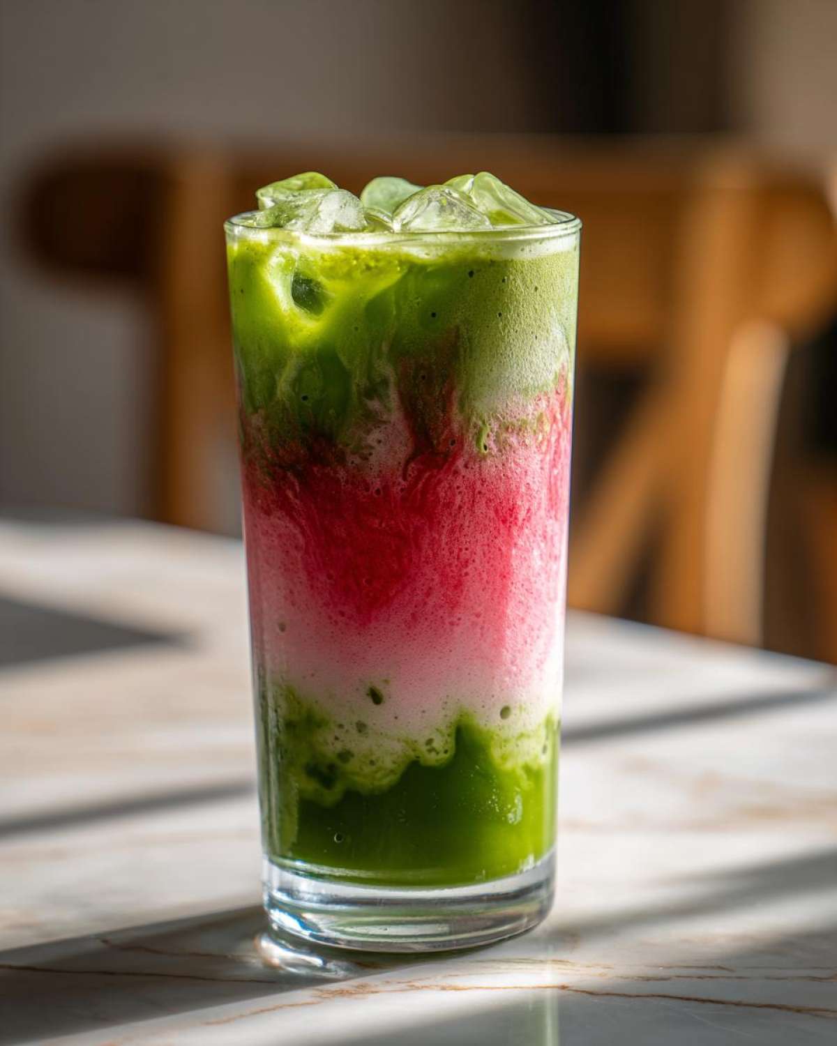 Close-up of a layered Iced Strawberry Matcha Latte with vibrant green matcha, pink strawberry puree, and ice.