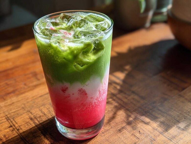 A tall glass showing the distinct layers of an Iced Strawberry Matcha Latte: bright red strawberry base, white milk, and green matcha.