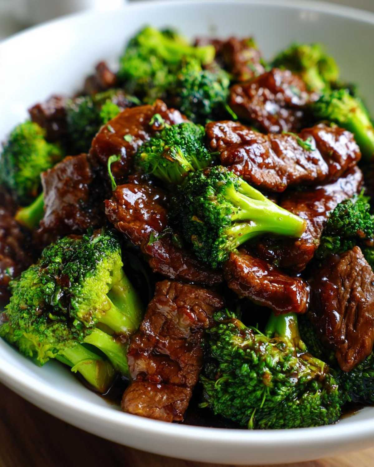 Close-up of tender beef slices coated in savory sauce mixed with bright green broccoli florets in a white bowl, showcasing the Instant Pot Beef and Broccoli.
