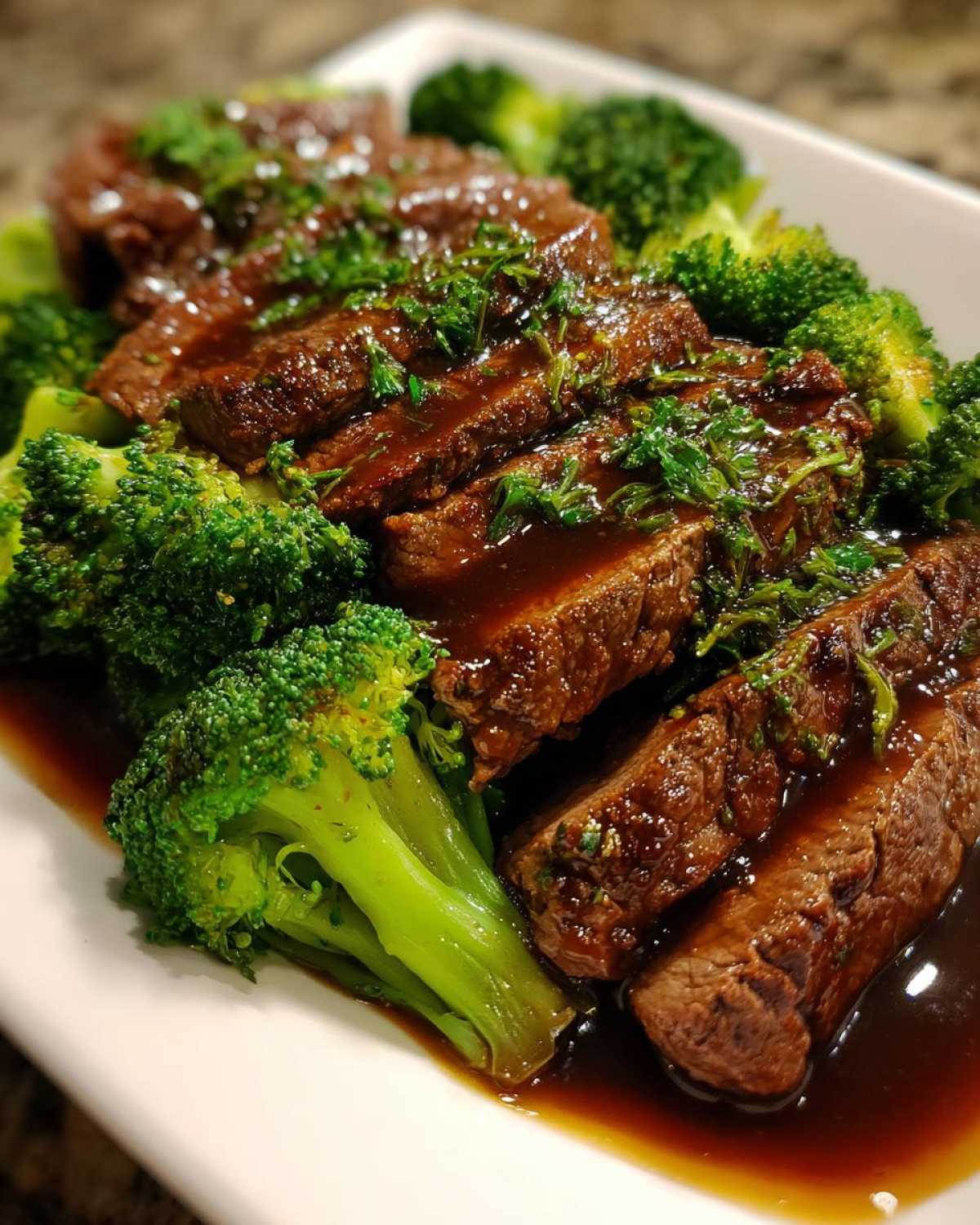 Close-up of sliced beef and bright green broccoli covered in rich sauce for Instant Pot Beef and Broccoli.