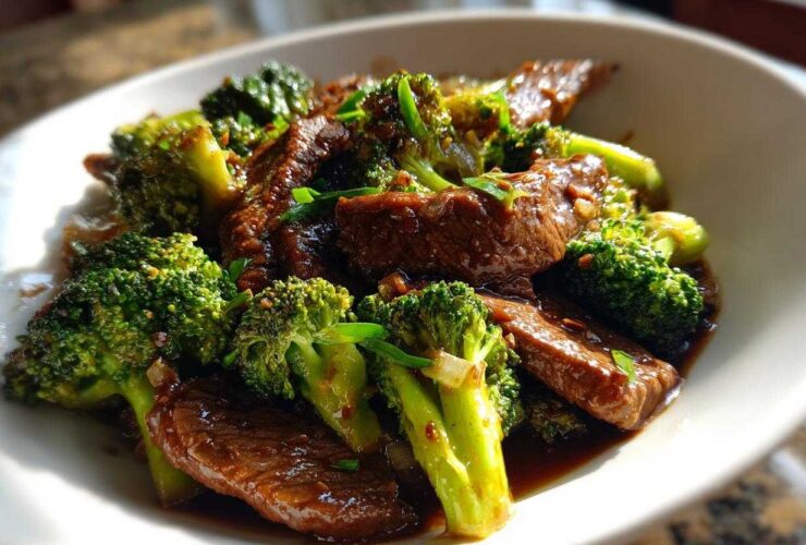 Close-up of tender slices of beef and bright green broccoli florets coated in a savory sauce, ready to eat Instant Pot Beef and Broccoli.
