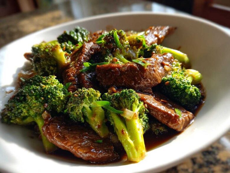 Close-up of tender slices of beef and bright green broccoli florets coated in a savory sauce, ready to eat Instant Pot Beef and Broccoli.