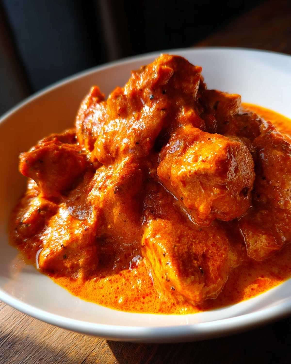 Close-up of tender chicken pieces coated in a rich, creamy orange sauce of Instant Pot Butter Chicken.