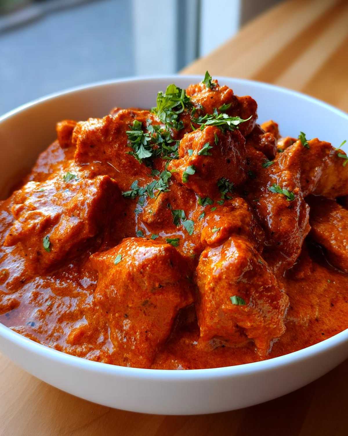 Close-up of tender chicken pieces coated in a vibrant orange-red sauce, served in a white bowl, garnished with fresh parsley for Instant Pot Butter Chicken.