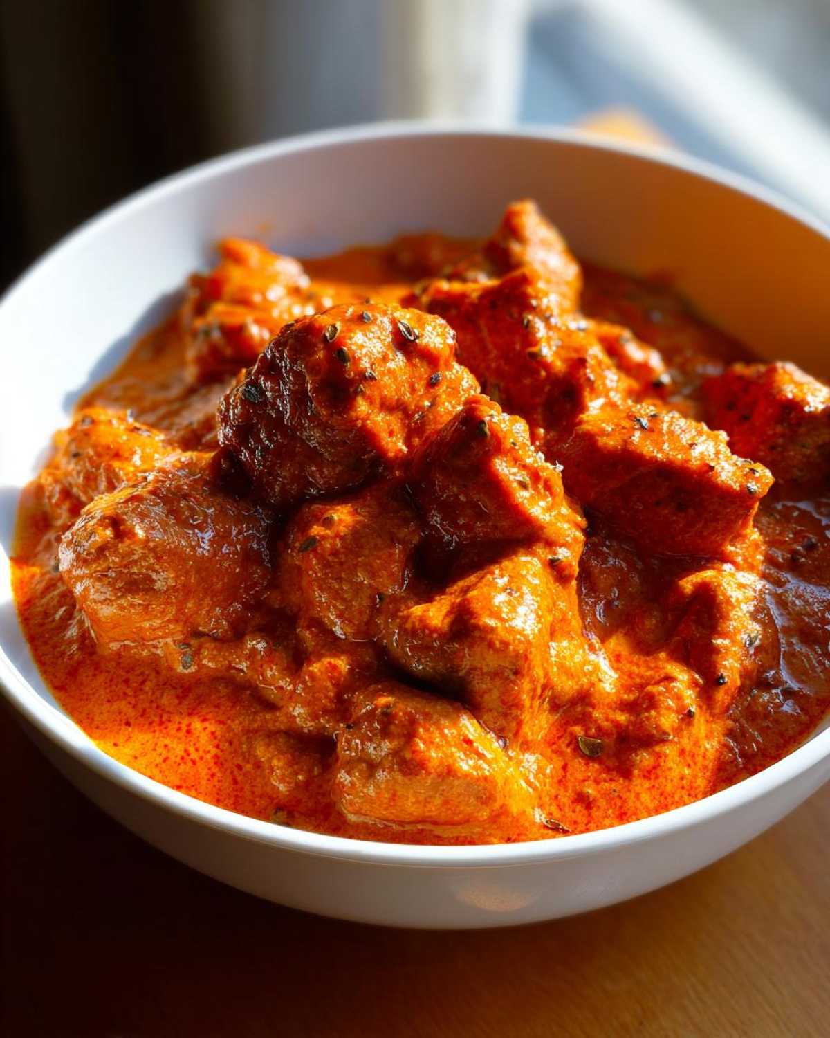 Close-up of tender chicken pieces swimming in a vibrant orange, creamy sauce of Instant Pot Butter Chicken.