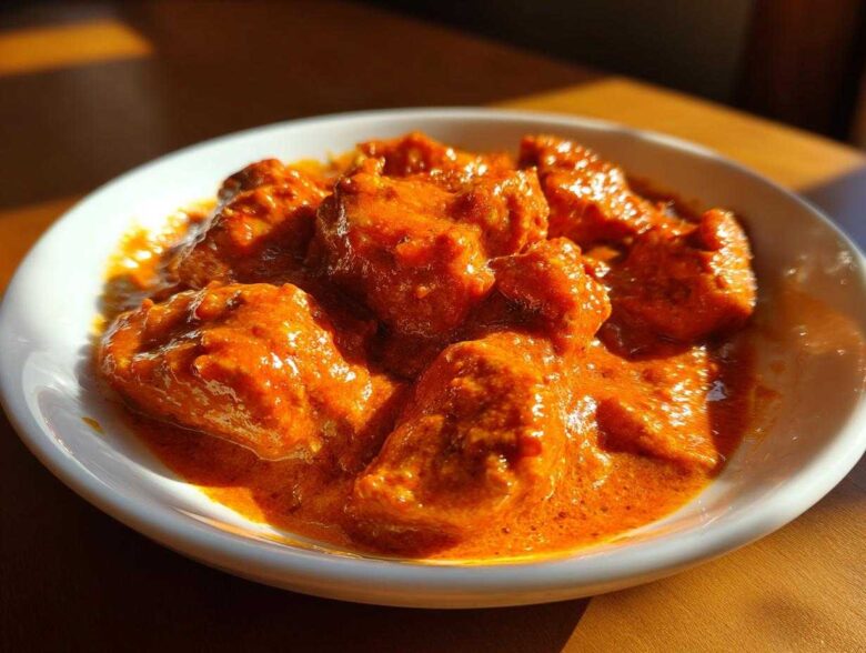 Close-up of tender chicken pieces coated in rich, vibrant orange sauce for Instant Pot Butter Chicken.